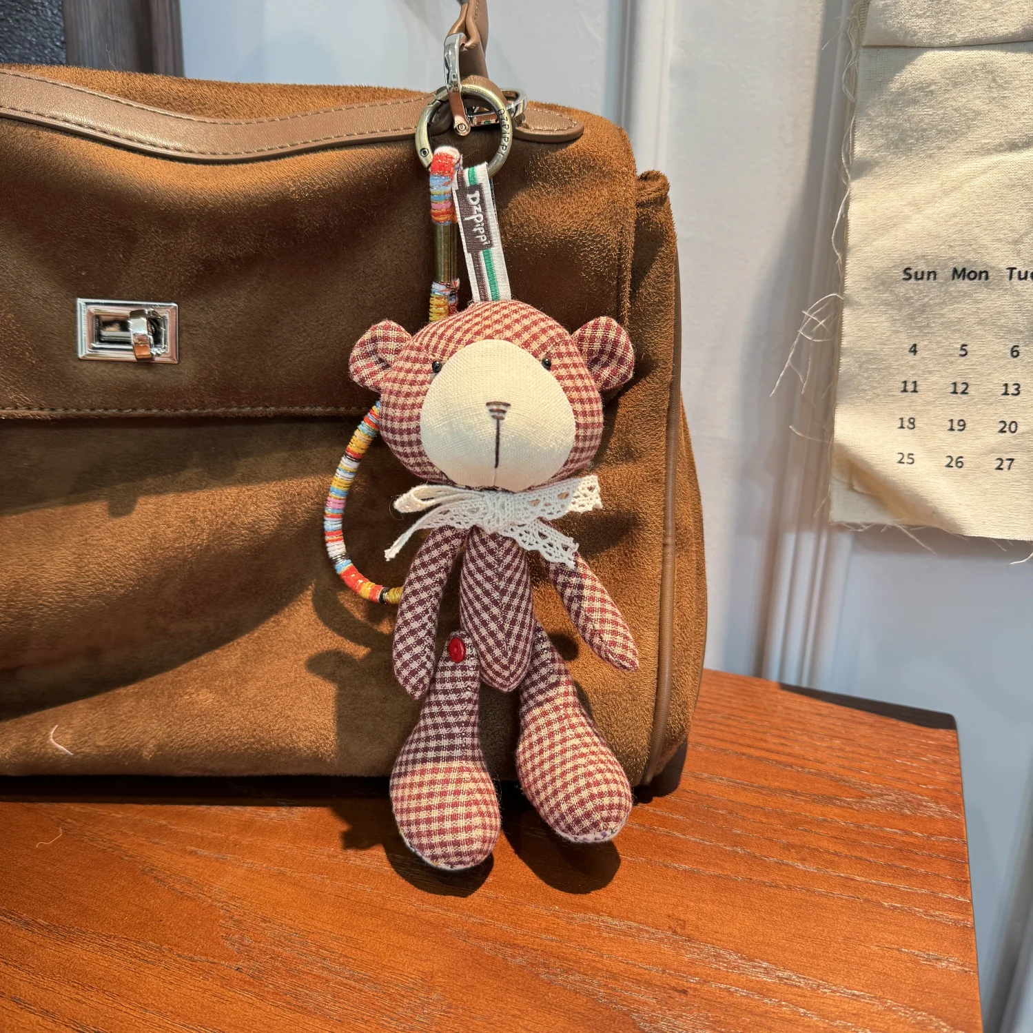 Handmade Plaid Bear Keychain Cute Fabric Doll Bag Charm Kawaii Aesthetic Backpack Pendant Car Keyring Gift Women Girls