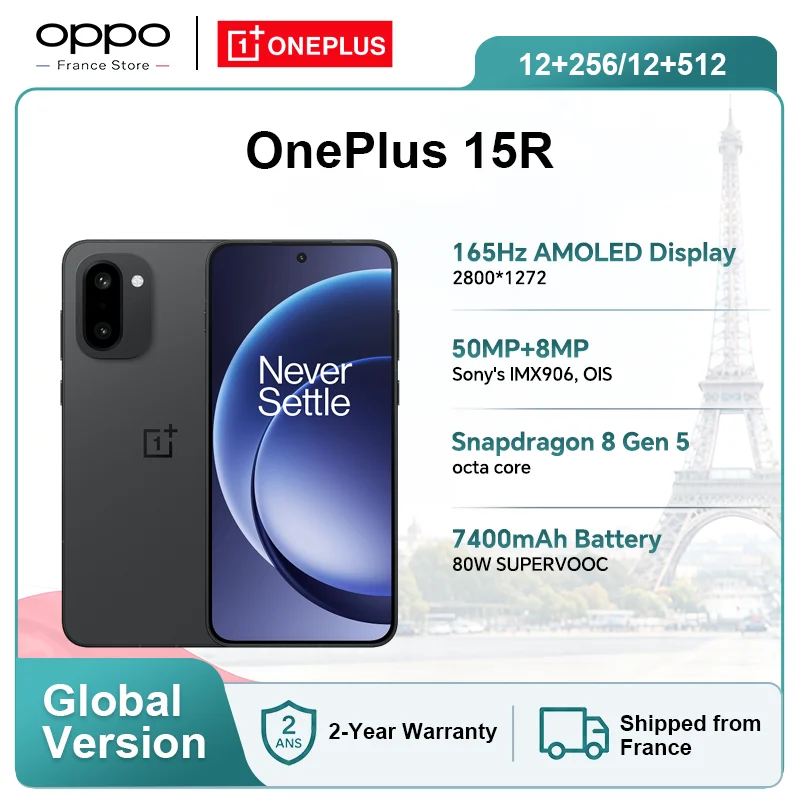 Smartphone OnePlus 15R 5G (version internationale) : 12 Go + 512 Go, Snapdragon 8 Gen 5, batterie de 7 400 mAh, écran 165 Hz, certification IP69, noir, Android 16