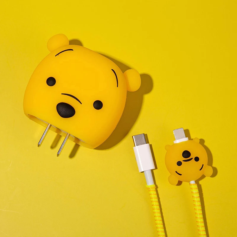 Disney Winnie the Pooh Cartoon Cable Protectors Set - Fast Charging PVC Cable Head Cover & Accessory Sleeve for IPhone 18W/20W,