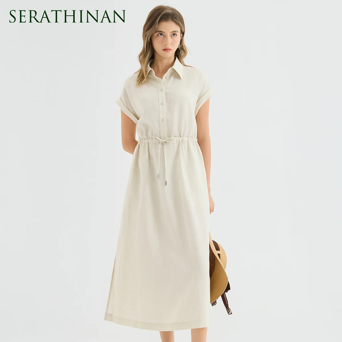 KX9613695 Luxury Women's Lyocell Linen Shirt Dress Polyester Lining Drawstring Short Sleeve Summer Dress