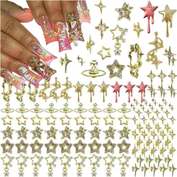 124PCS Star 3D Nail Charms for Acrylic Nails, Gold Alloy Nail Gems Starburst Nail Accessories, Nail Rhinestones for Nail Art