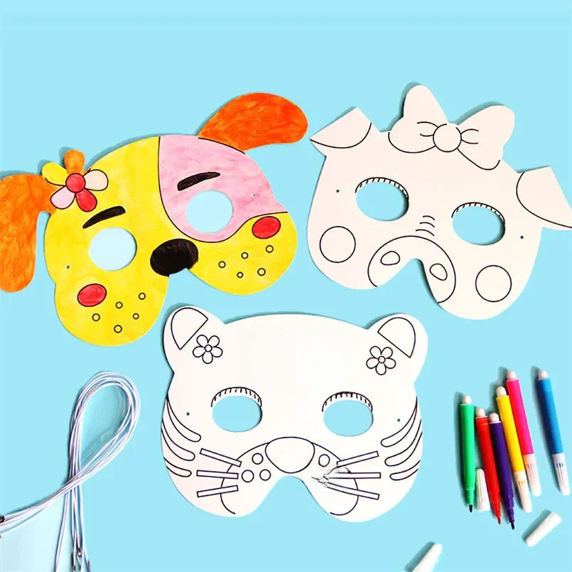 8 pièces enfants dessin animé Animal bricolage Graffiti Art artisanat masque jouet papier masque peint à la main papier blanc carte matériel avec des stylos de couleur