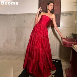 Booma Red A-Line Long Prom Dresses Strapless Ruched Satin Graduation Party Gwons for Women Evening Dresses