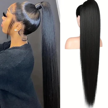 스트레이트 드로스트링 포니테일 익스텐션, 인모 레미 스트레이트 랩 어라운드 클립, 포니 테일 익스텐션, 내추럴 블랙 # B, 100%