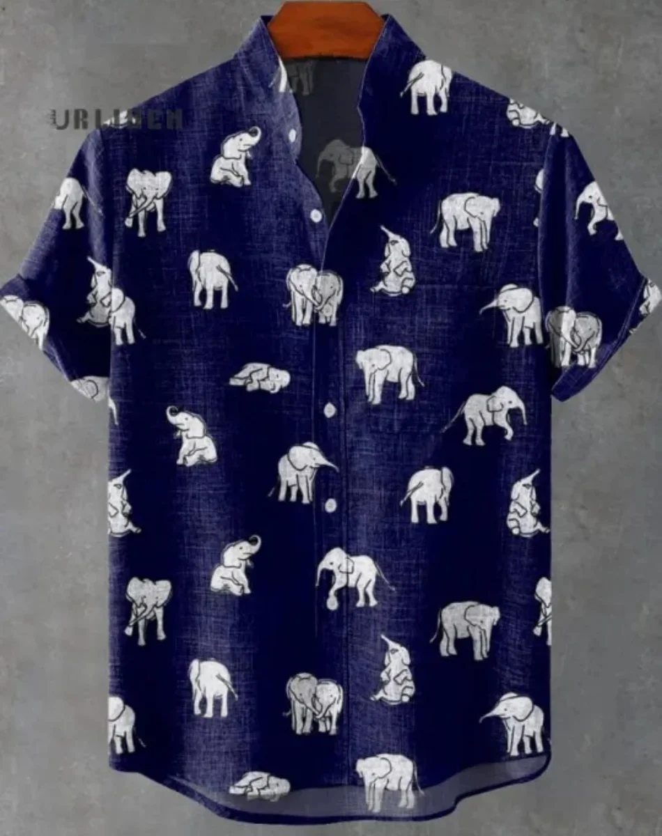 Nieuw herenoverhemd met olifantenpatroon, nieuw linnen, comfortabele stof, korte mouwen Hawaiiaans overhemd, snelle levering