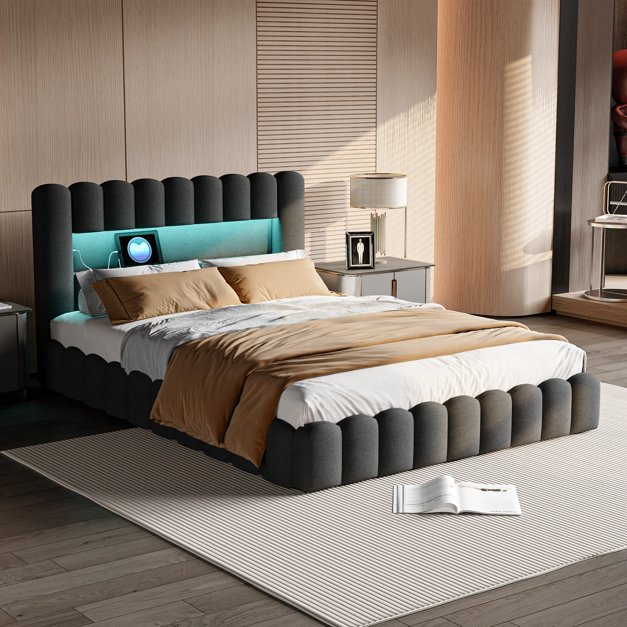 Anajqaqia 140 x 200 cm Bubble-Bett, Modernes Doppelbett mit Hydraulischem Stauraum, Baumstumpf-Stil Rahmen, Eingelassene Matratze und Kopfteil mit Stauraum