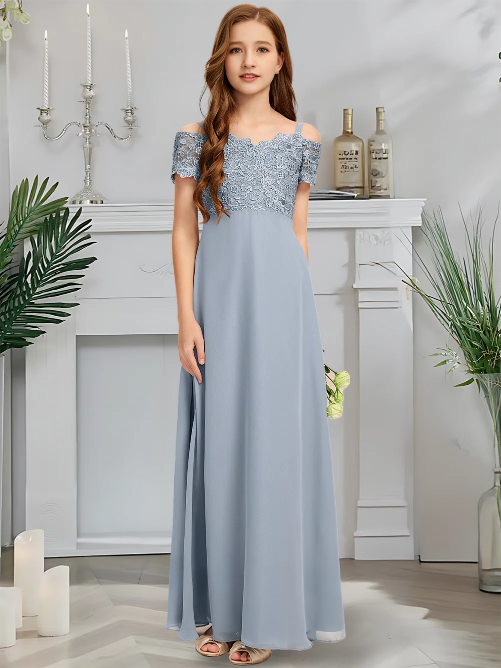 Gaun Pengiring Pengantin Junior Model Cold Shoulder untuk Anak Perempuan, Warna Biru Twilight, Gaun Pengiring Pengantin Panjang Menyentuh Lantai, Bahan Chiffon dengan Renda dan Ruffle Bertingkat