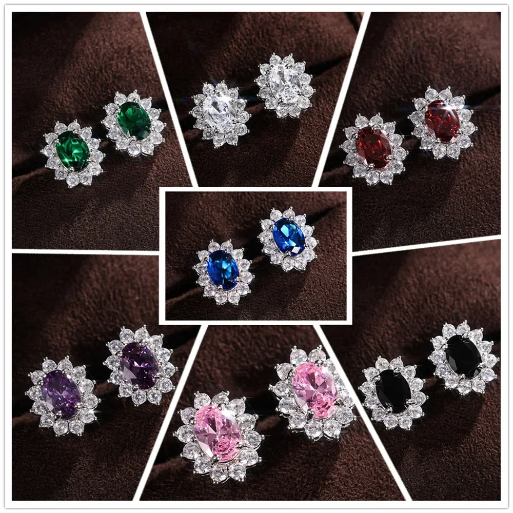 Huitan – boucles d'oreilles à clous en Zircon pour femmes, bleu/violet/rouge/rose/noir/blanc/vert, ovale, tendance de mariage, bijoux de luxe féminins