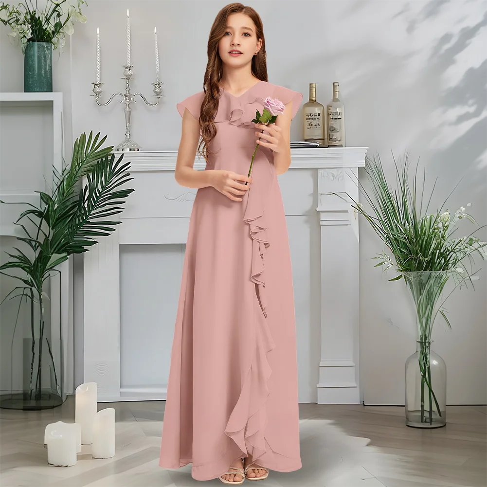 B Платье подружки невесты для юниоров с v-образным вырезом Сумерки Лавандовое платье с цветочным узором для девочек длиной до пола, шифон с каскадными оборками на свадьбу