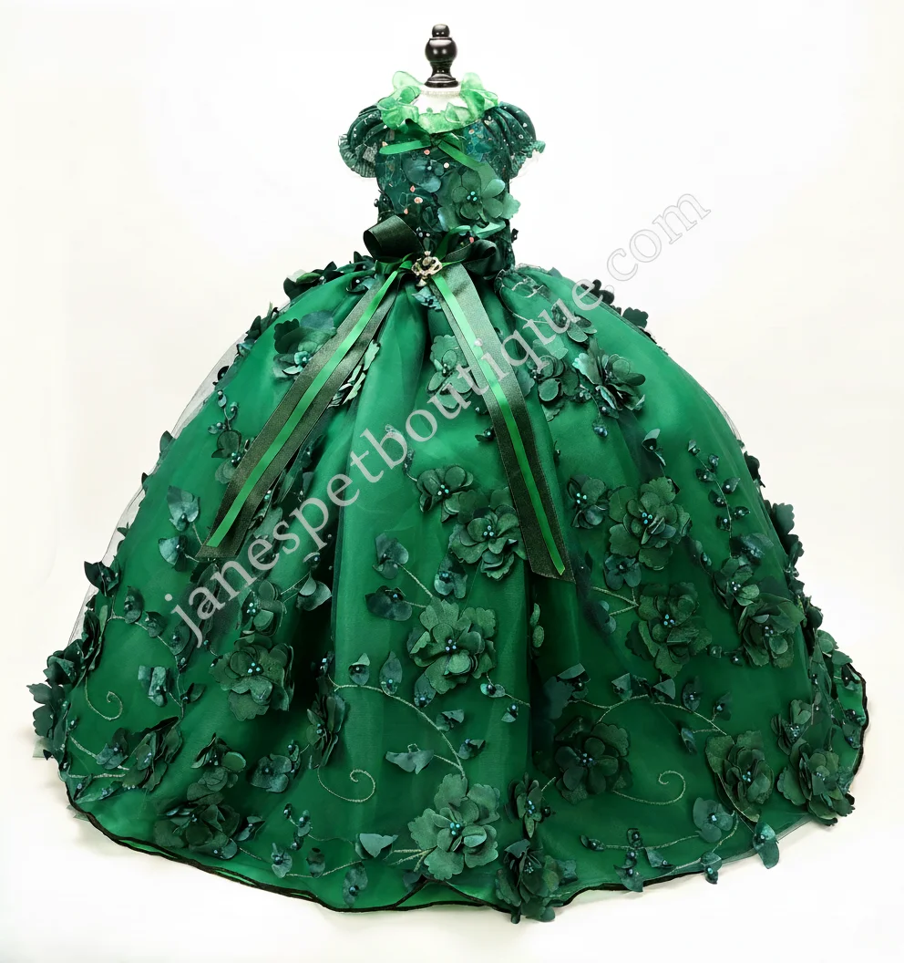 

3D-аппликация ручной работы, изумрудное тюлевое платье от кутюр, роскошное вечернее платье принцессы со шлейфом и цветком из бисера, маленькая собака, кошка, свадьба