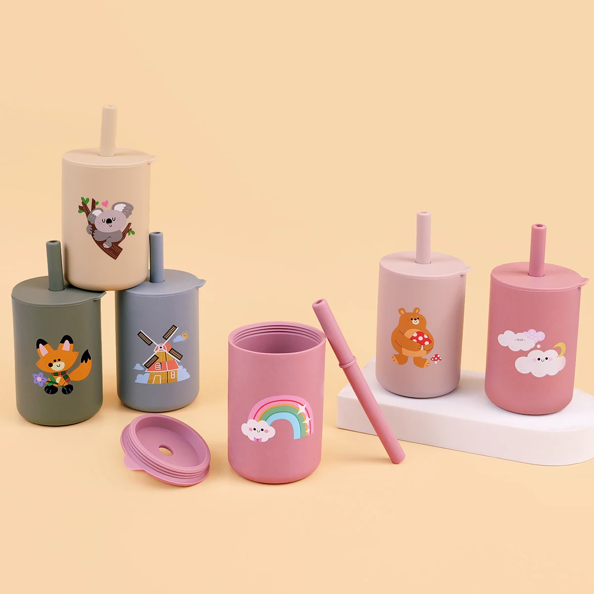 150ML Baby Silicone Cup with Exquisite Pattern Lid Portable Drink Straw Cup Children Leak-proof Feeding Grandma Bottle Cup