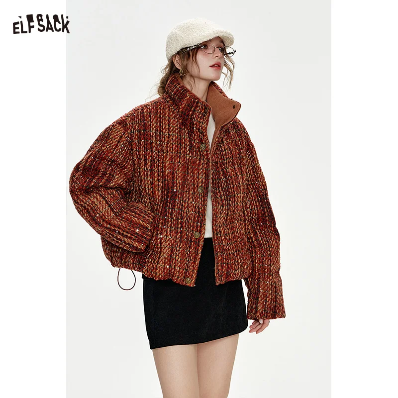 

ELFSACK 2024 Winter New Arrivals New Year Tweed Sequin Metal Button Short Down Jacket Women