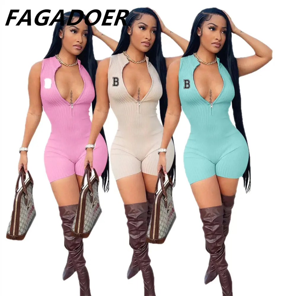 

FAGADOER Sexy Zip Bodycon Rompers Women Deep V Sleeveless Letter Print Jumpsuits Female Fashion Slim Streetwear Playsuits Summer