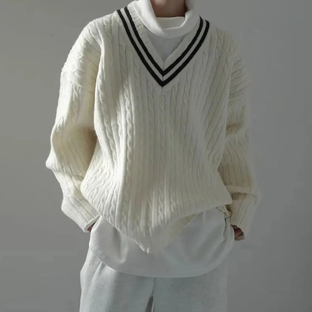 Mens College Style Knitted Sweater 2024 Spring New Genderless Fashion Temperament Retro Loose All-Match Knitted Sweater Unisex