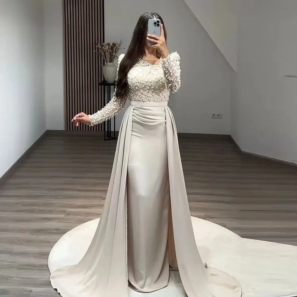 Eightale Arabische avondjurk champagne lange mouwen op maat rekbare satijnen bruiloft feestjurk zeemeermin vestido de noche - afbeelding 2