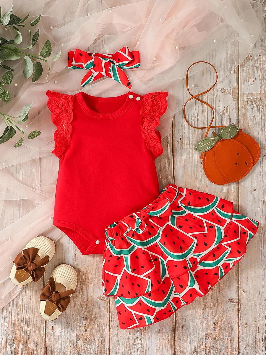 3PCS Baby Gilrs Summer European and American style Red Sleeveless Skirt Set With Watermelon+Headband