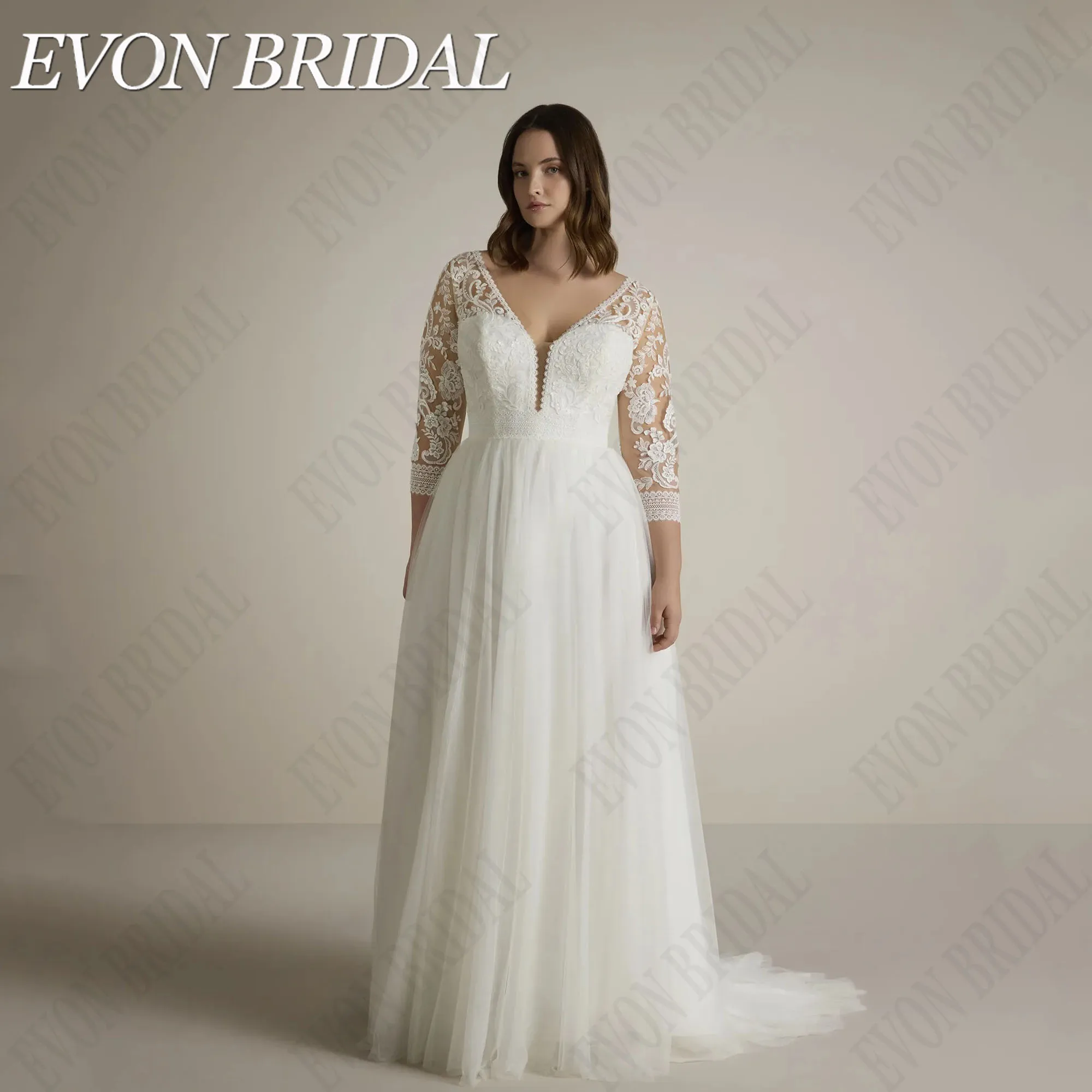 

EVON BRIDAL Plus Size V-Neck Wedding Dress Women 3/4 Sleeves Tulle vestidos de novia A-Line Applique Bride Gowns 2024 Custom