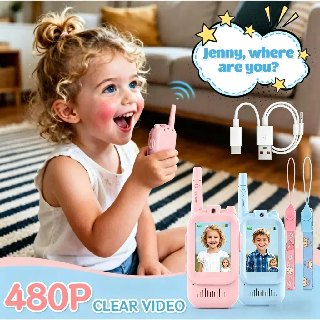 

2 Pack Kids Video Walkie Talkies Rechargeable Intercom with 2 Screens One Click Call Child Video Intercom Gift Set