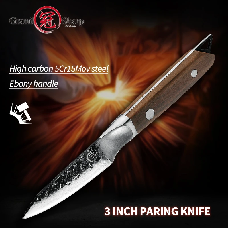 

Grandsharp Kitchen Knives Paring Knife Hammered Blade Ebony Handle Chef Utility Peeling Knife Cuterly Knives Cooking Tools