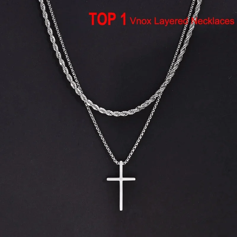 Vnox – colliers croisés pour hommes, pendentif croix uni superposé en acier inoxydable, collier chaîne en boîte de corde, collier de prière simple de jésus
