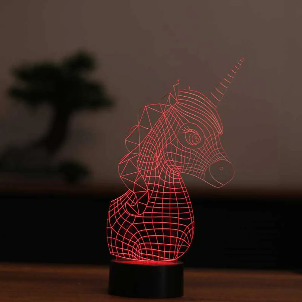 Unicórnio 3d ilusão acrílico lâmpada led 12 volts adaptador de luz do dia design base madeira presente para os amantes animais decoração festa natal