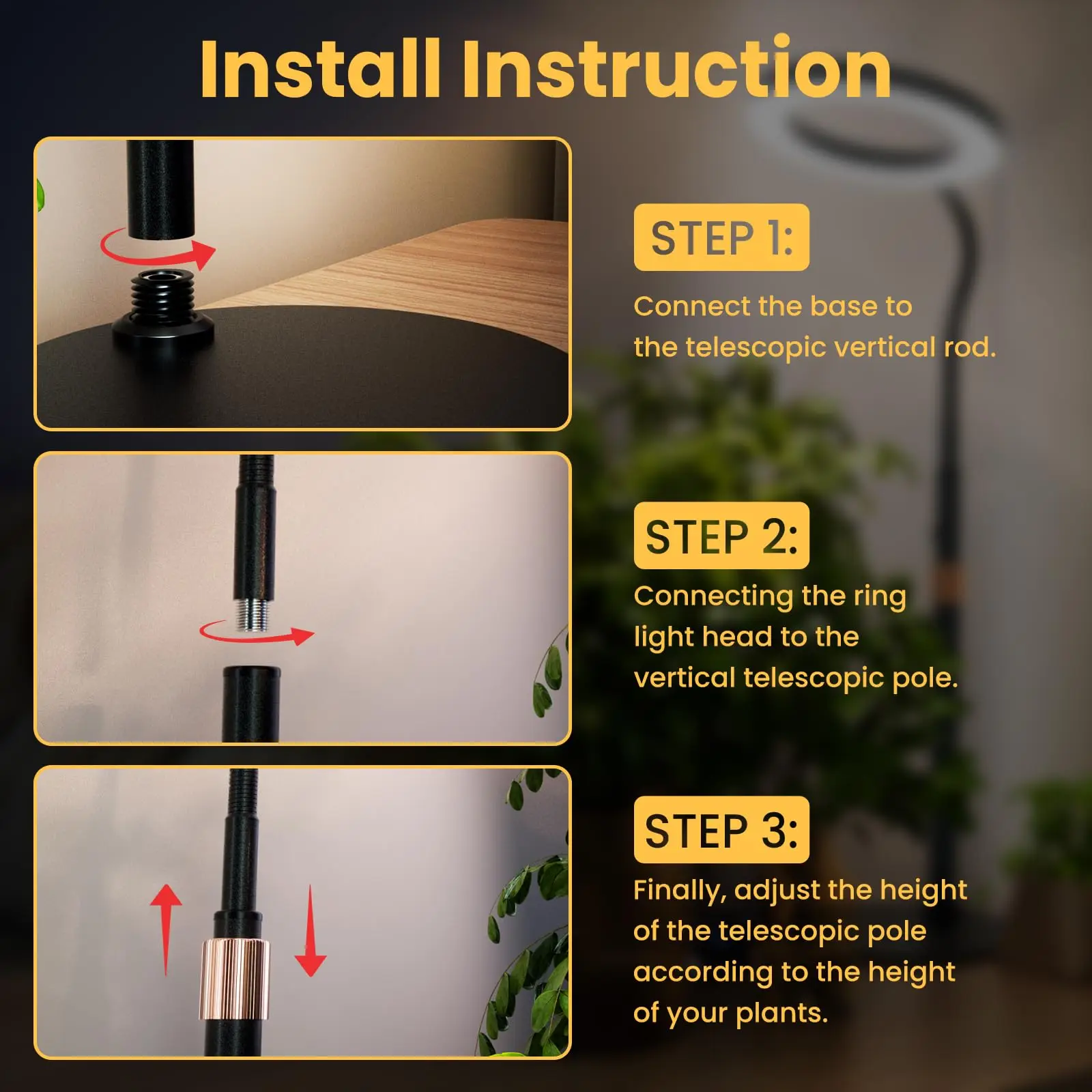 أضواء تنمو للنباتات الداخلية، 60 مصباح نباتي مكتبي كامل الطيف LED مع مؤقت لـ 3/9/12 ساعة، 10 مستويات قابلة للتعتيم، ارتفاع قابل للتعديل