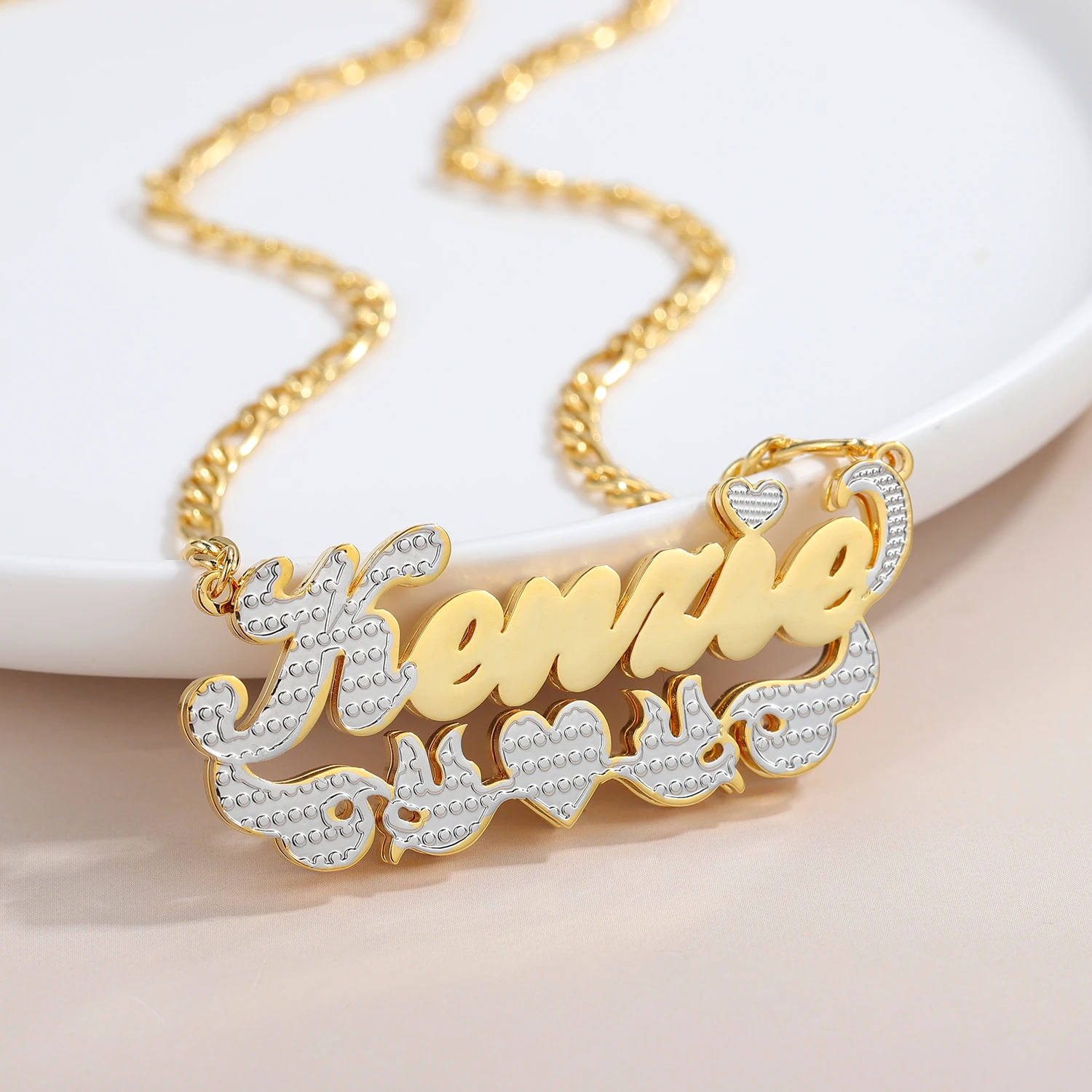 

Double Layer Name Necklace With Heart Customized Two Tone Pendant With Two Bird Gold Plated Stainless Steel Jewelry Gift