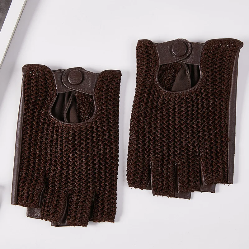 Genuine Sheepskin Leather Driving Gloves for Men, Keep Warm, Knitting Mittens, Half-Finger, S3527