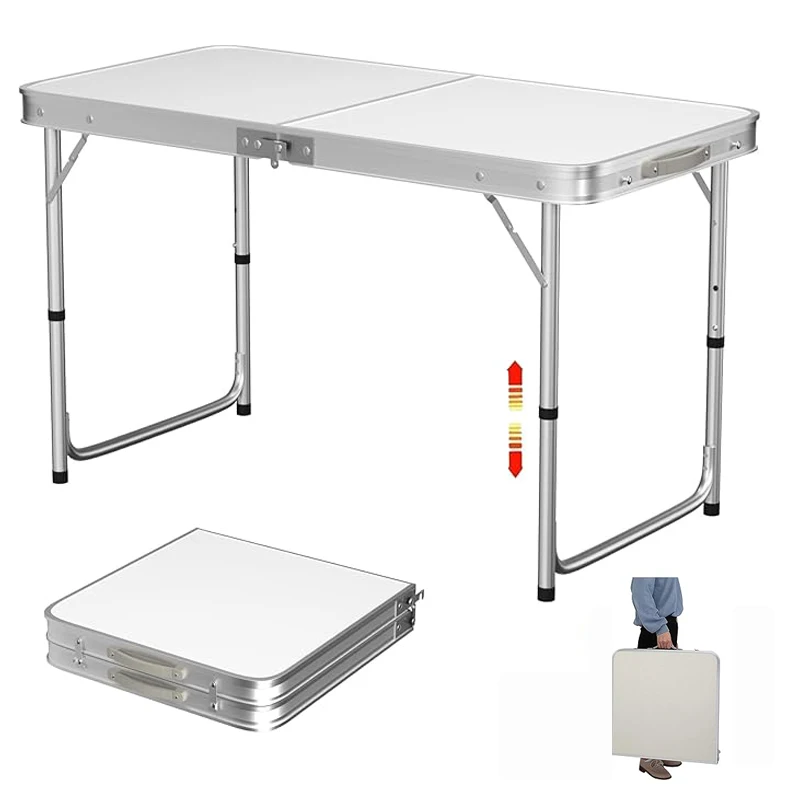Mesa Plegable para Camping Blanca 120X60cm, Mesas Plegables para Barbacoa y Picnic, Jardín, Balcón, Patio, Portátil con Marco de Aluminio, Altura Ajustable y Fácil de Transportar
