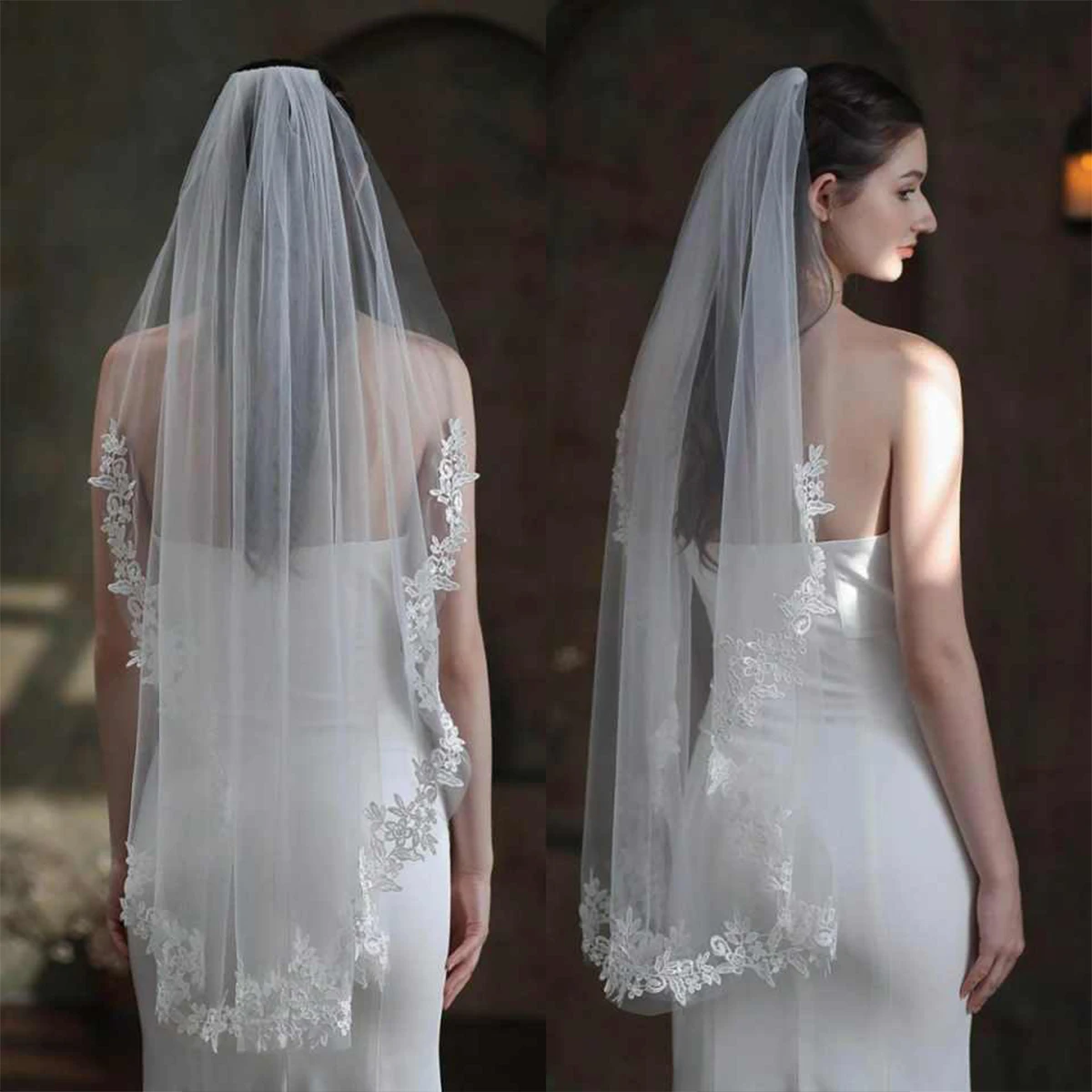 

Luxury Short Lace Wedding Veils Tulle Lace Bridal Veil Appliques Short Wedding Veil Customized
