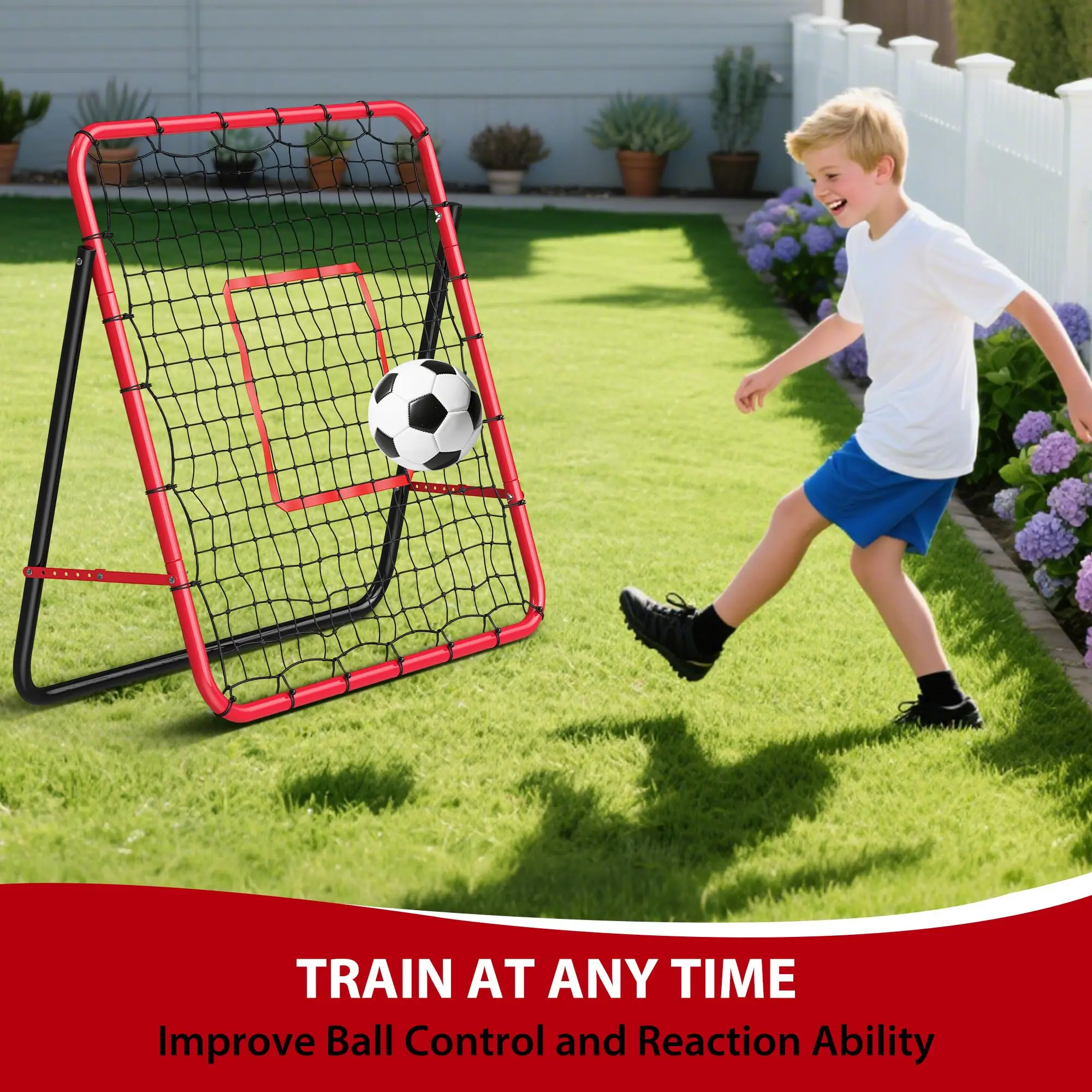 Rebondisseur et but de football 2 en 1, angle réglable, filet de football robuste pour l'entraînement au football, parfait pour le tir, le contrôle du ballon, adapté aux enfants, aux adolescents et aux adultes, 4x4 pieds