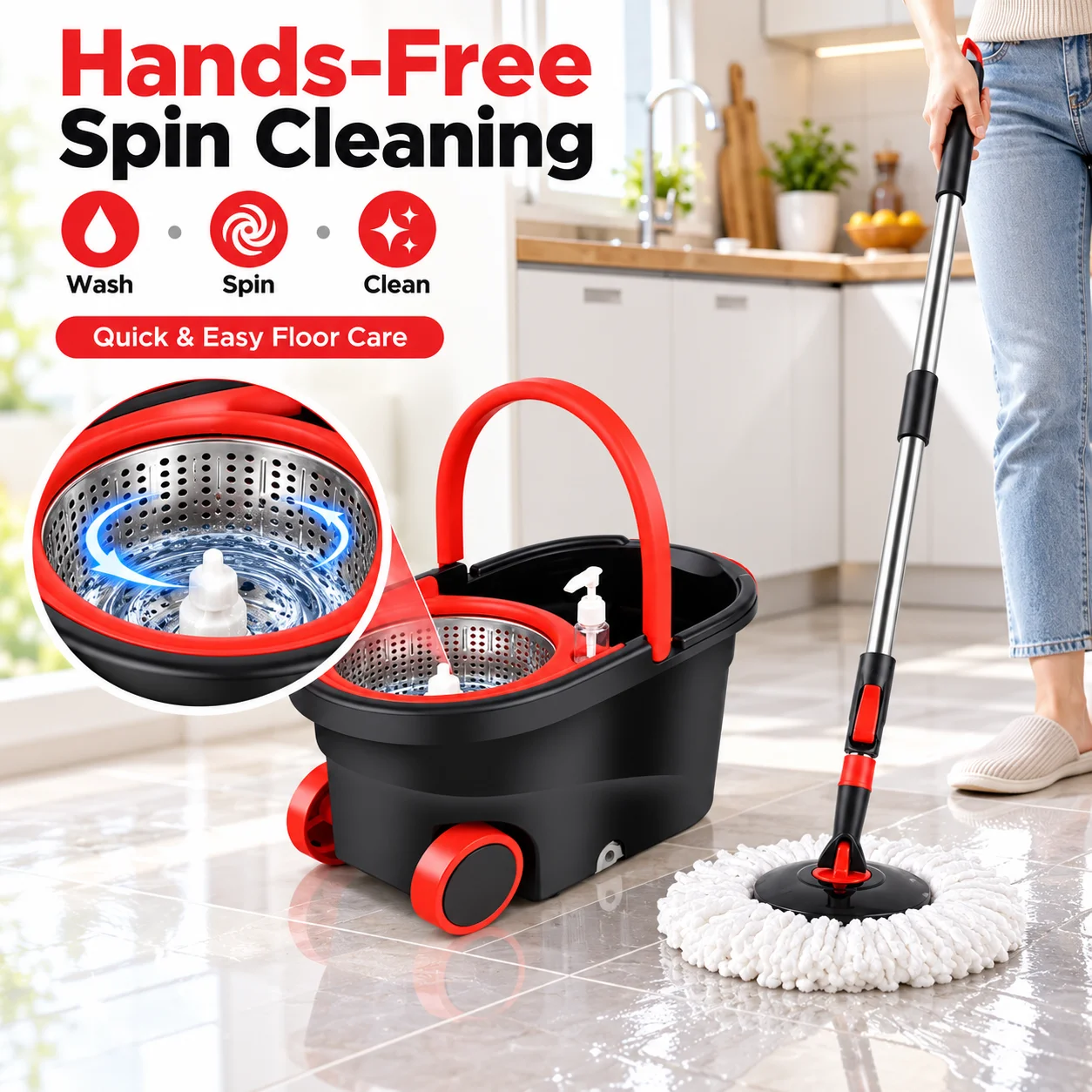 Sports Car Design Rotating Mop Bucket System with Wheels, Hands-Free Wringing Spin Mop Bucket, Ultra-Fine Fiber Microfiber Mop for Hardwood Tile Floors, 360° Rotating Floor Cleaning Mop Set, Home Cleaning Tool