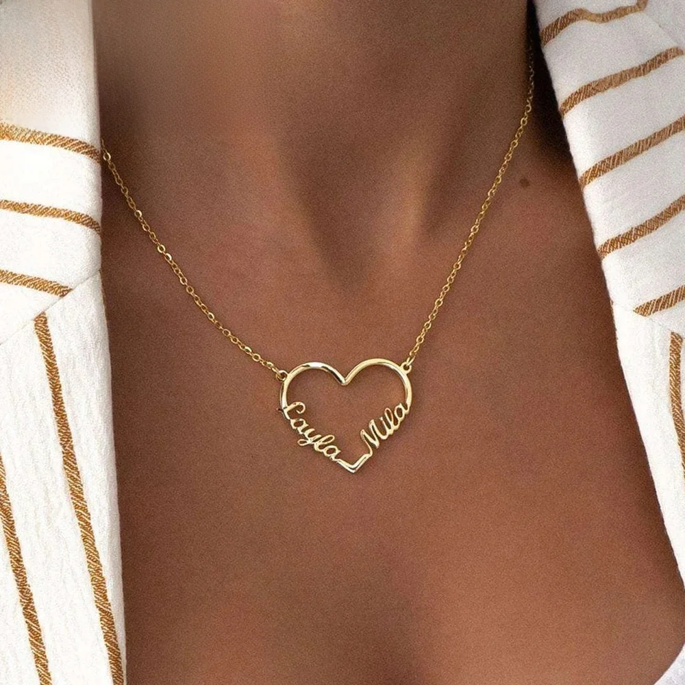 Haiyufly – collier personnalisé avec 2 noms pour femmes et filles, avec cœur, bijoux en acier inoxydable, chaîne ras du cou, cadeau d'anniversaire personnalisé