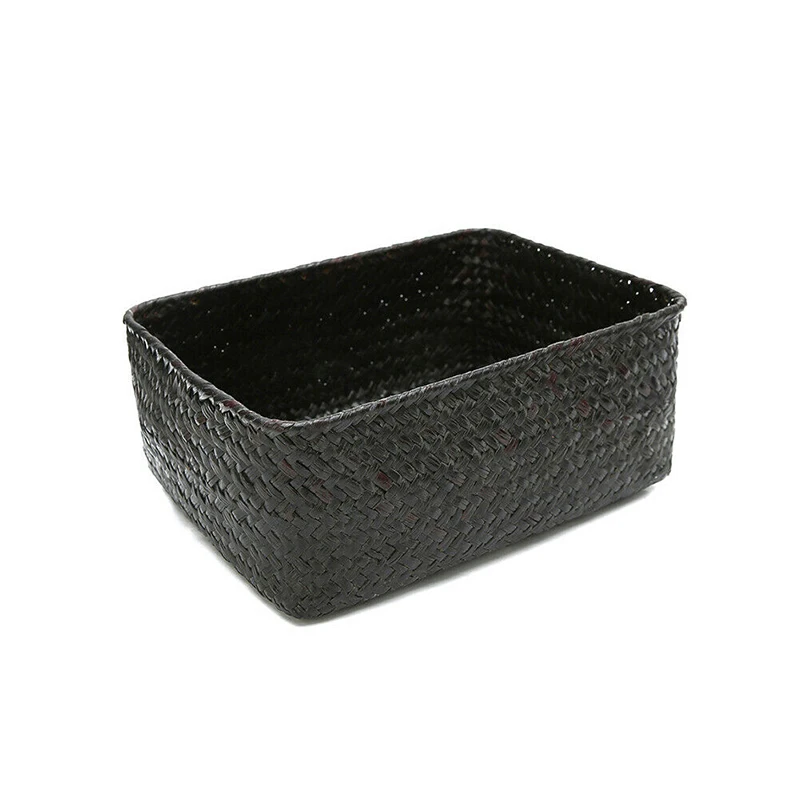 Black Wicker Storage Basket Rectangular Seagrass Basket Box Woven Rattan Container Shelf Organizer Kitchen Home Bathroom Decor