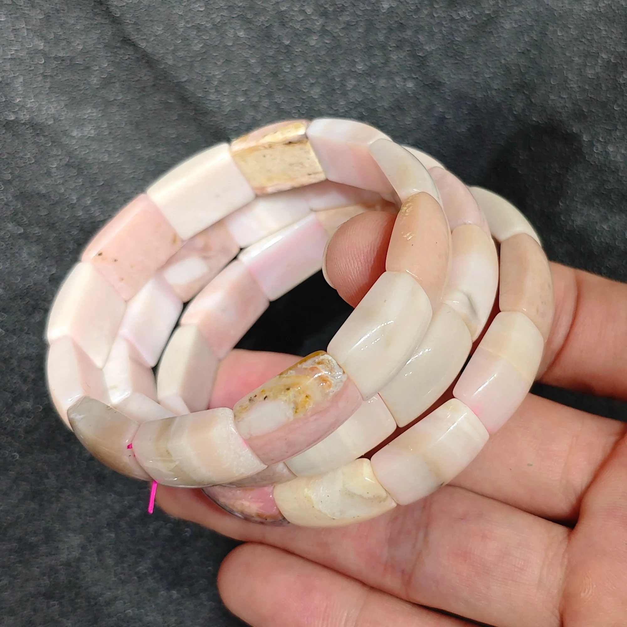 Natural Pink Common Opal Gemstone Segment Bracelet Entry Grade Curved Pebble Bangle Matrix Inclusions Elastic Wristband