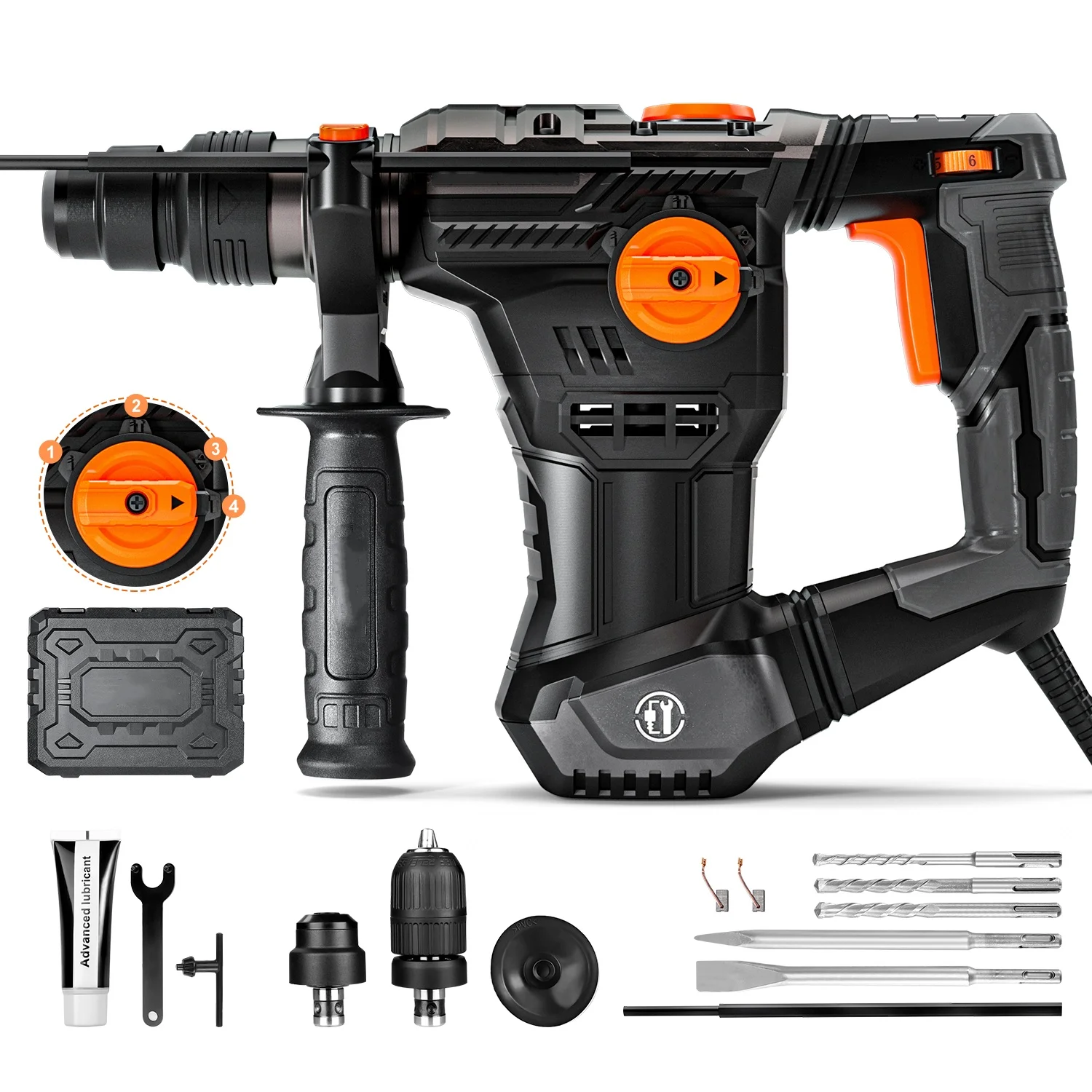 DOVAMAN SDS-Plus 1500W, 7J, 4 fonctions, 900 tr/min, 4350 coup/min, avec forets et ciseaux, pour béton et mur, avec étui