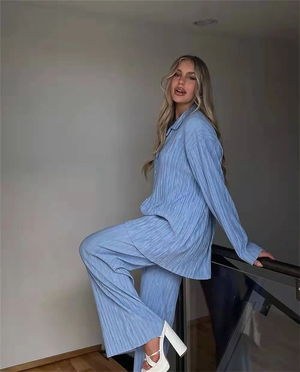 Women Pleated 2 Piece Set Long Sleeve Shirt Wide Leg Pants Suit Autumn Elegant Female Casual Streetwear Tracksuit Outfits