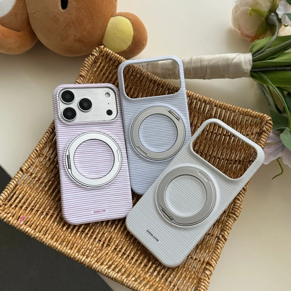 Korean INS Simple Colorful Striped Printed Mobile Phone Case With 360° Magnetic Holder For iPhone 17 Pro Max 16 Max 15 16 17 Pro