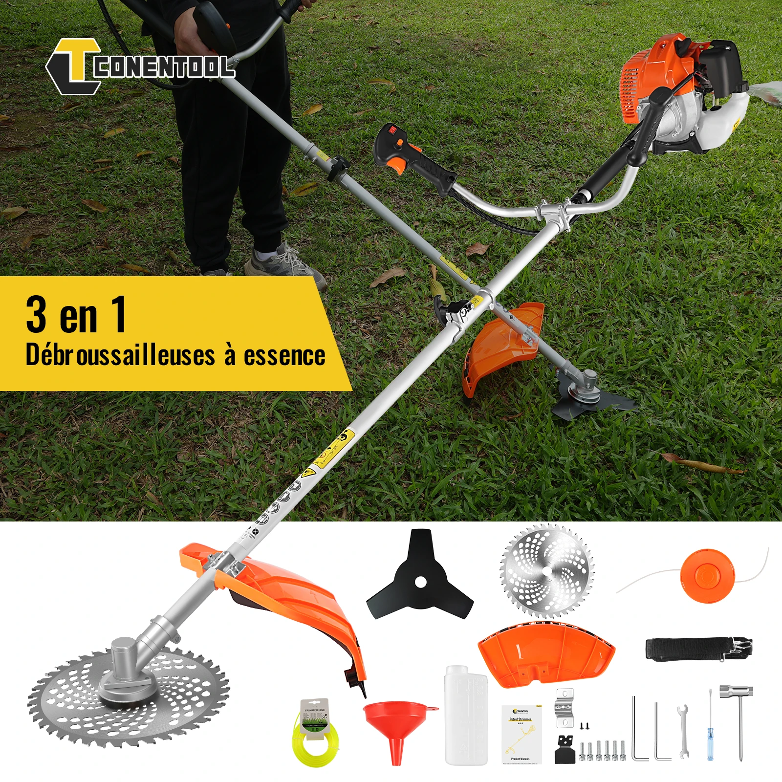 Débroussailleuse à essence 3-en-1 CONENTOOL 52CC, coupe-herbe 2 temps, désherbeur, tondeuse à gazon à essence, lame métallique, outil de jardinage pour l'élagage des pelouses et jardins