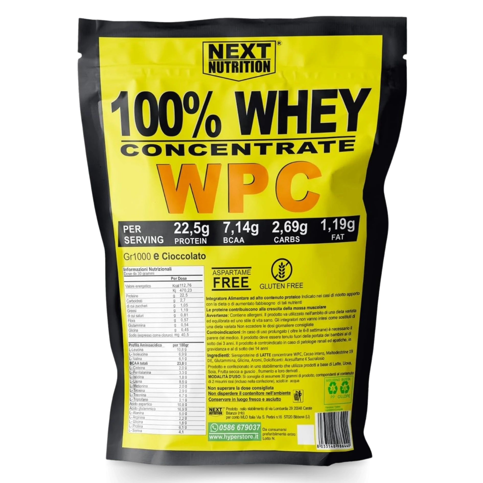 100% WHEY Proteína WPC Próxima nutrición | 1000 GR Cacao | 22,5 g de proteínas-7,42G BCAA X dosis | Suero proteico de leche | Aumentar y recuperar la masa muscular | Batido de proteínas | Suplementos de culturismo-Protean en Italia