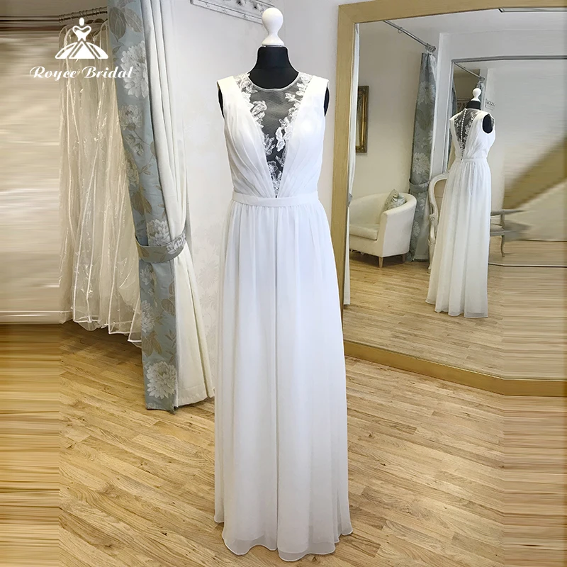 

Simple Boho See-Through O-Neck Back Button Belt Lace Appliques A-Line Wedding Dress Chiffon Bridal Gown Sweep Sleeveless vestido