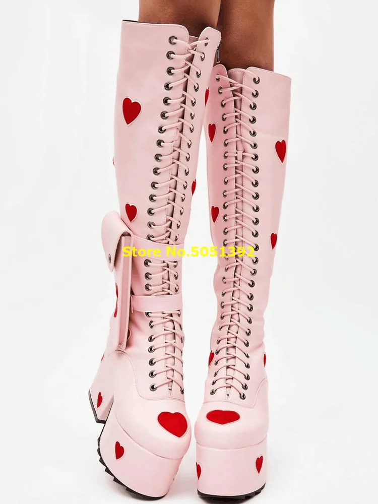 Pink Lovely Knee High Boots Leather Construction Red Heart Patches All Over Front Lace Up Platform Purse Chunky Heel Boots