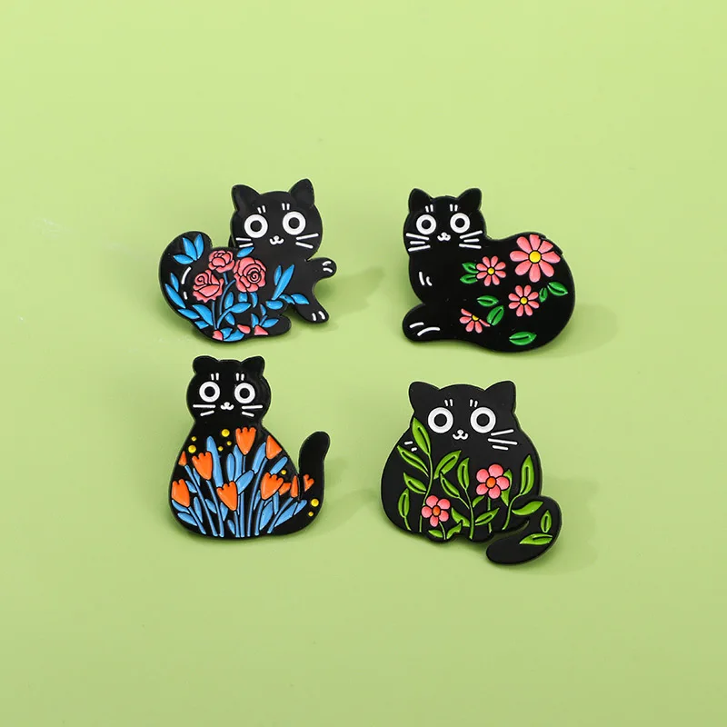 Cute Cartoon Black Cat Enamel Brooch Creative Animal Flower Plant Lapel Pin Badge Backpack Clothing Hat Accessories