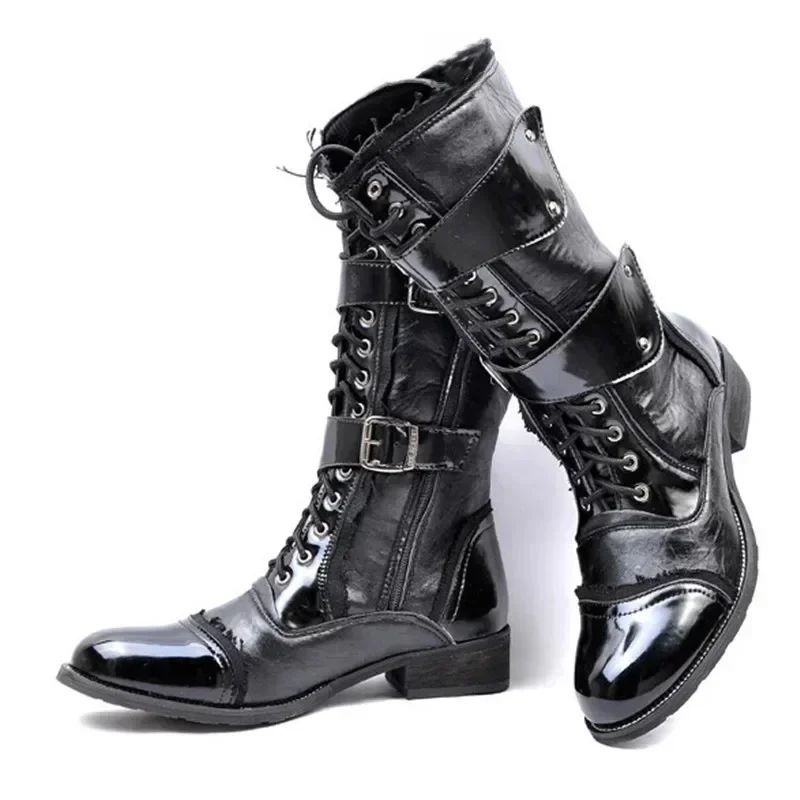 Męskie gotyckie punkowe buty do cosplayu, taneczne, do połowy łydki, z lakierowanej skóry, ocieplane buty motocyklowe do biura i na jesień i zimę. — zdjęcie 2