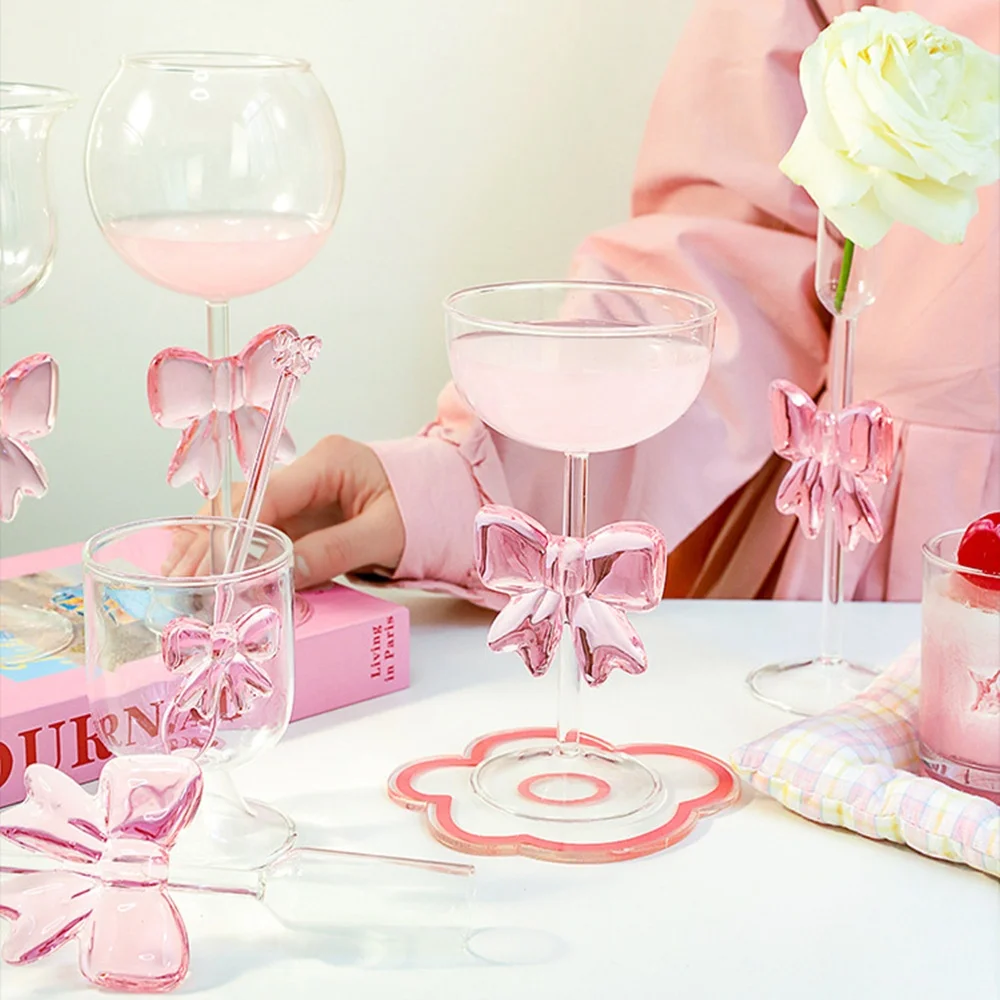 

Transparent Pink Bow Glass Mug High Borosilicate Heat Resistant Cup for Coffee, Wine, Champagne or Cold Drinks, Kawaii Princes