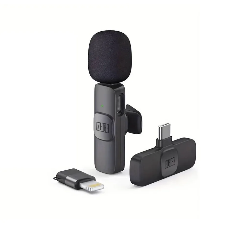 Micrófono de solapa inalámbrico Klack K8, plug & play, alcance hasta 20 m, reducción de ruido, receptor Lightning y USB-C, para videos, entrevistas y transmisiones en vivo