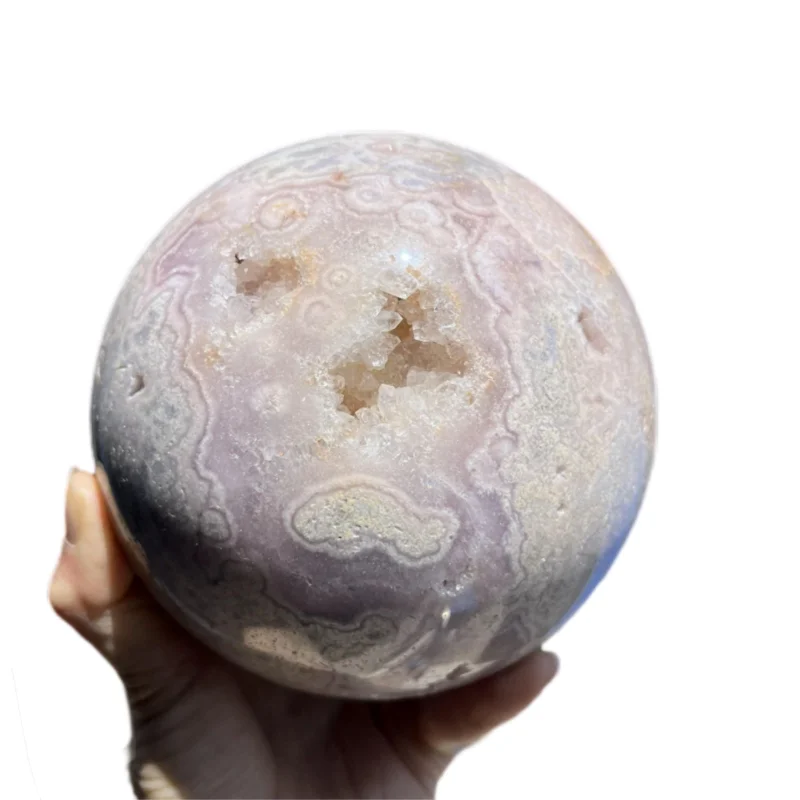 

Large 12.8cm Pink Amethyst Sphere with Stunning Patterns and Crystal Caves Unique Home Decor