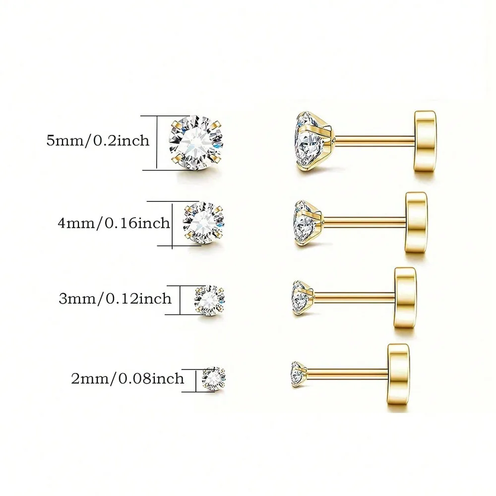 1 paar Edelstahl Kristall Flache Ohrstecker Frauen Männer Bar Schraube Zurück Tragus Runde Klar Zirkonia Piercing Ohrringe Schmuck – Detail 2