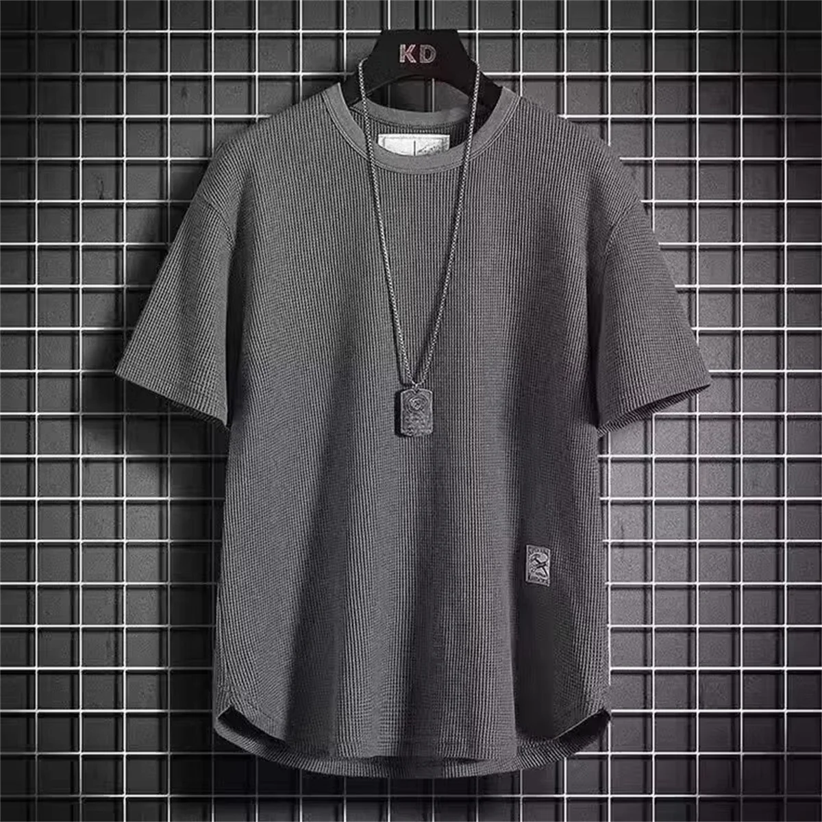 Modische Lack-Waffel-T-Shirts für Herren, Lässige Übergroße Oberteile, Koreanischer Stil, Atmungsaktive Qualität, Unisex Kurzarm-T-Shirts, Trendige Herrenbekleidung – Detail 5
