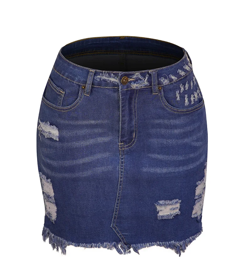 Hand-ground ripped fringe A-line wrap hip skirt women's denim skirt  Women's stretch ripped fringe denim skirt